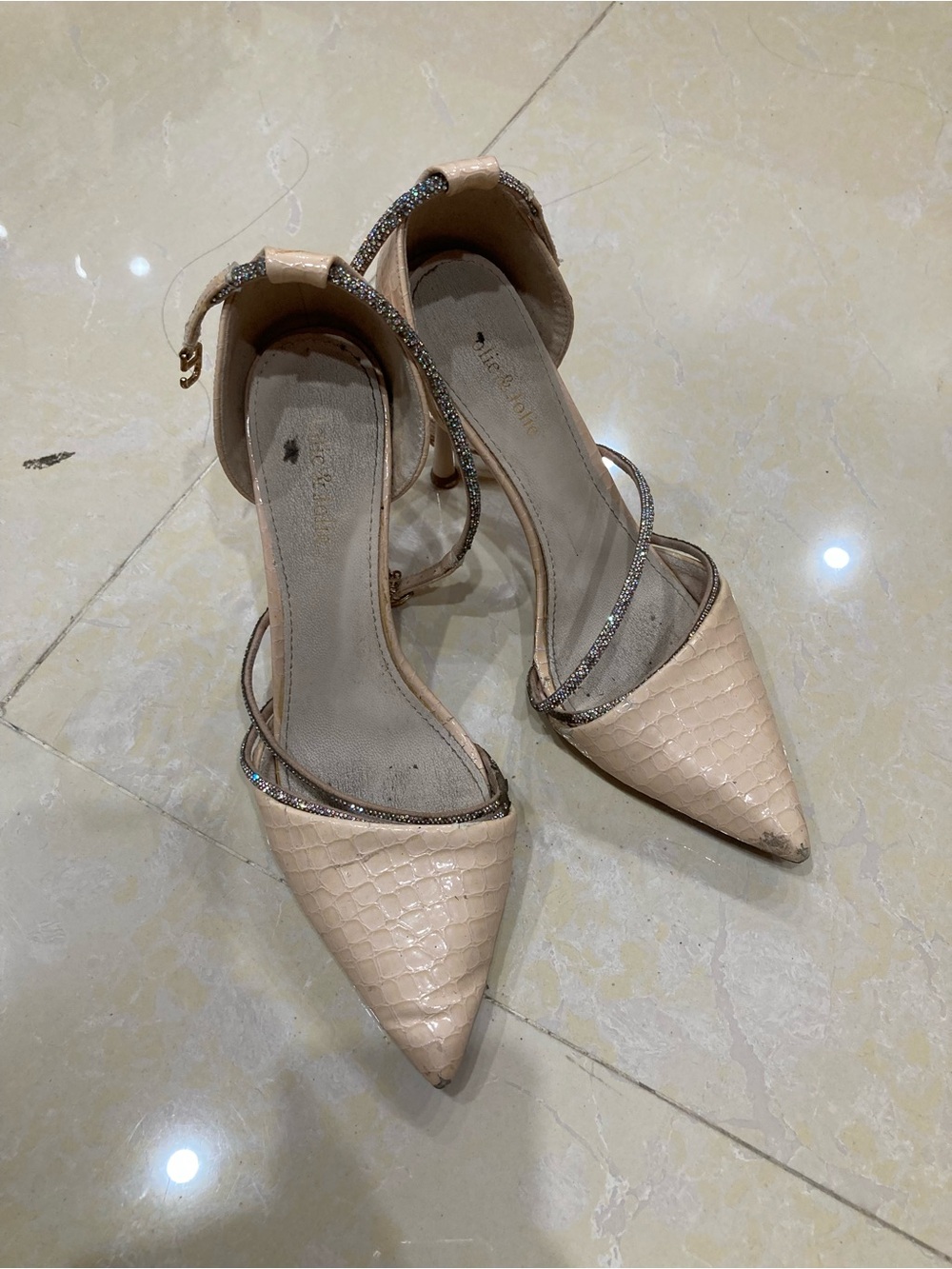 Pointed Nude Textured Ankle-Strap Heels with Sparkle Trim